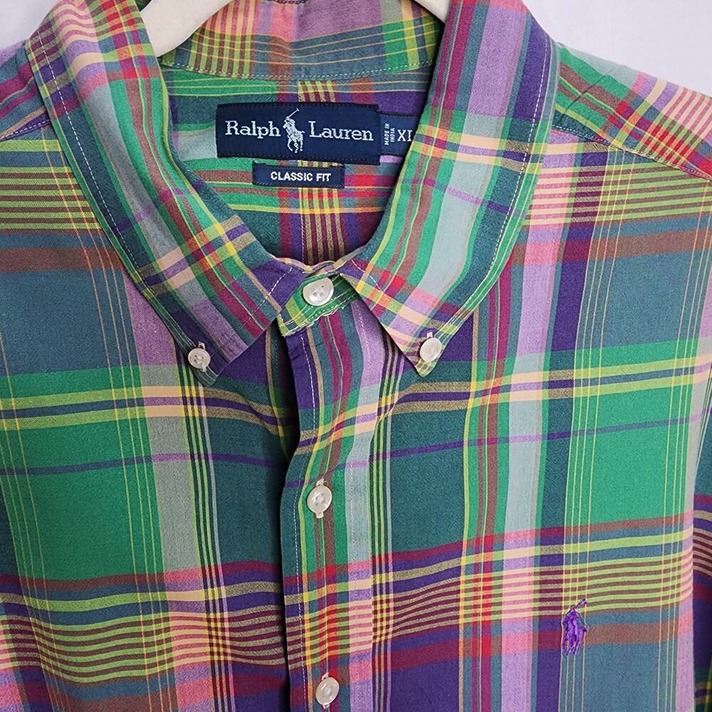 Ralph Lauren Plaid Button Front Down Short Sleeve Shirt Men XL Preppy Vintage 90 - Picture 8 of 12